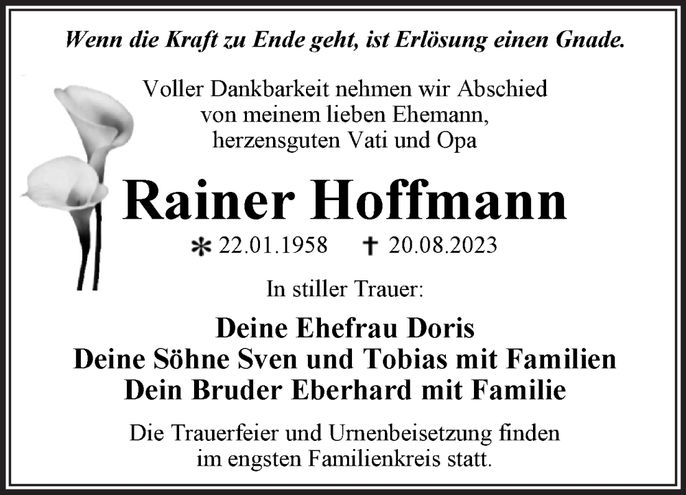  Traueranzeige für Rainer Hoffmann vom 26.08.2023 aus Trauerkombi Dessau