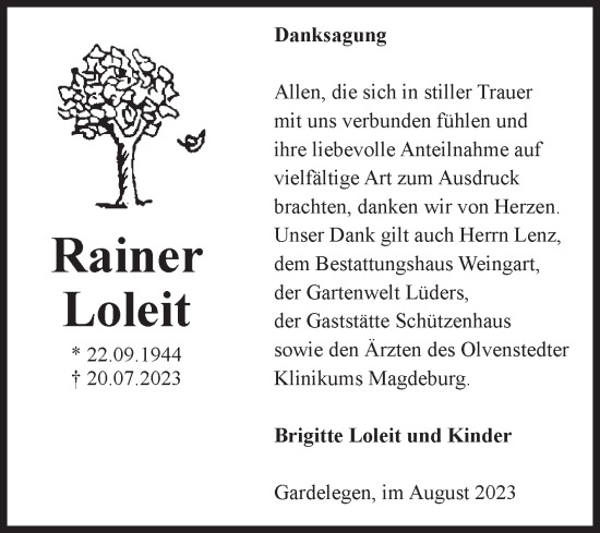 Traueranzeige von Rainer Loleit von Volksstimme Altmark West