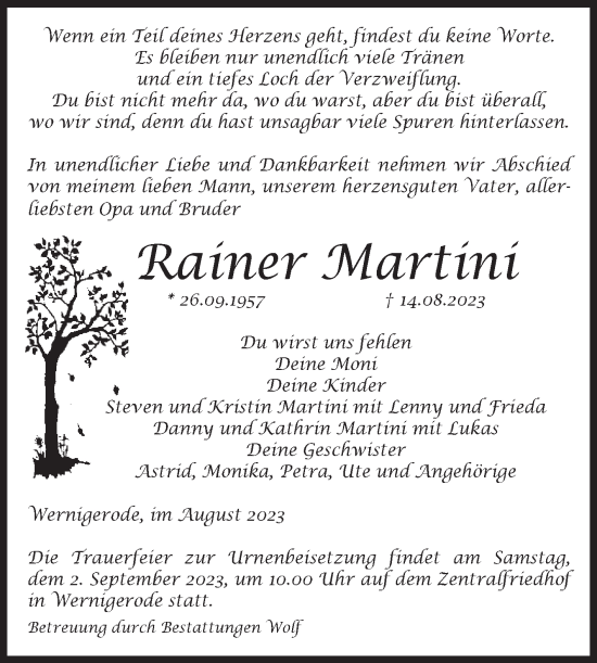 Traueranzeige von Rainer Martini von Volksstimme Wernigerode