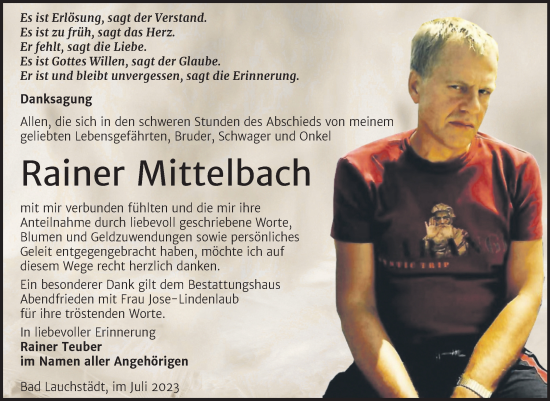 Traueranzeige von Rainer Mittelbach von Trauerkombi Merseburg