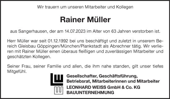Traueranzeige von Rainer Müller von Mitteldeutsche Zeitung Sangerhausen