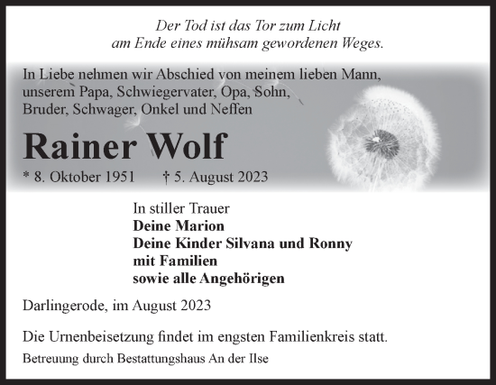 Traueranzeige von Rainer Wolf von Volksstimme Wernigerode