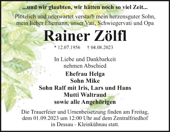 Traueranzeige von Rainer Zölfl von Trauerkombi Dessau