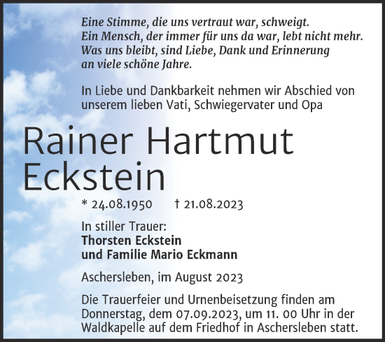 Traueranzeige von Rainer Hartmut Eckstein von Mitteldeutsche Zeitung Aschersleben