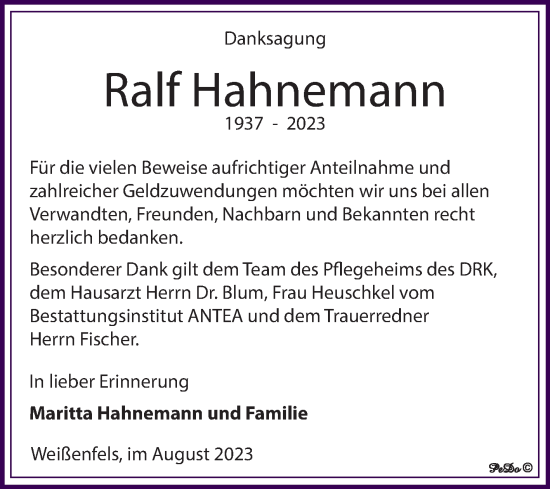 Traueranzeige von Ralf Hahnemann von Trauerkombi Weißenfels