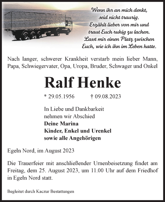 Traueranzeige von Ralf Henke von Volksstimme Staßfurt