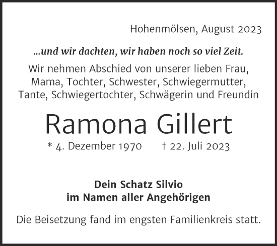 Traueranzeige von Ramona Gillert von Wochenspiegel Weißenfels