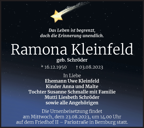 Traueranzeige von Ramona Kleinfeld von Trauerkombi Bernburg