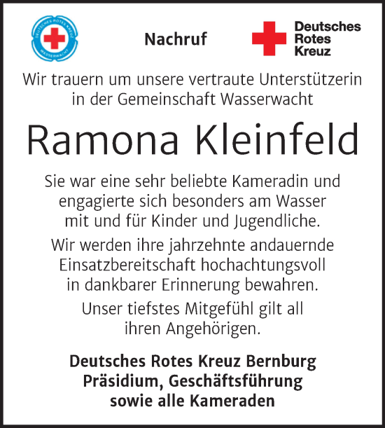 Traueranzeige von Ramona Kleinfeld von Super Sonntag Bernburg