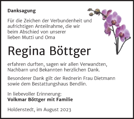 Traueranzeige von Regina Böttger von Trauerkombi Sangerhausen