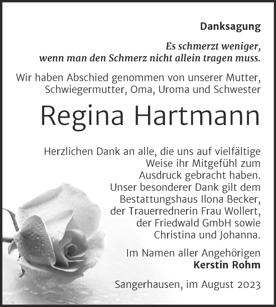Traueranzeige von Regina Hartmann von Trauerkombi Sangerhausen