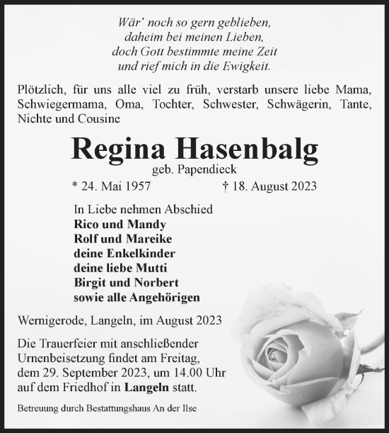 Traueranzeige von Regina Hasenbalg von Volksstimme Wernigerode