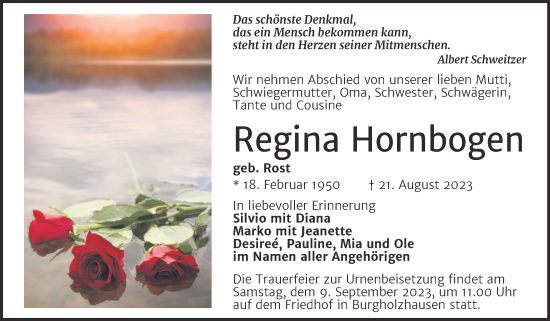 Traueranzeige von Regina Hornbogen von Wochenspiegel Naumburg/Nebra