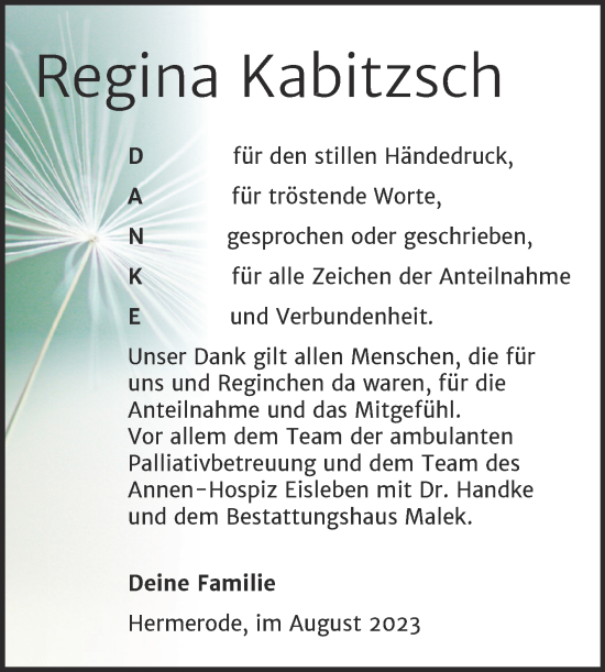 Traueranzeige von Regina Kabitzsch von Trauerkombi Mansfelder Land