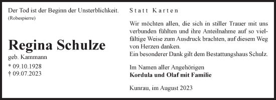 Traueranzeige von Regina Schulze von Volksstimme Altmark West