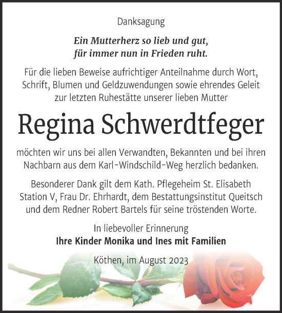 Traueranzeige von Regina Schwerdtfeger von Trauerkombi Köthen