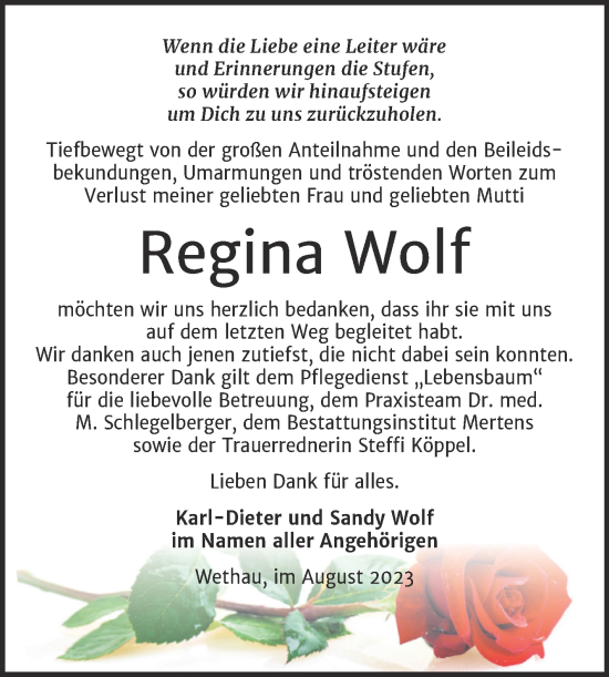 Traueranzeige von Regina Wolf von Naumburger Tageblatt