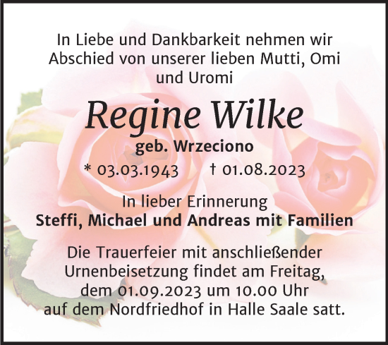 Traueranzeige von Regine Wilke von Mitteldeutsche Zeitung Halle/Saalkreis