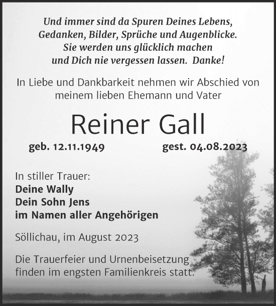 Traueranzeige von Reiner Gall von Trauerkombi Wittenberg