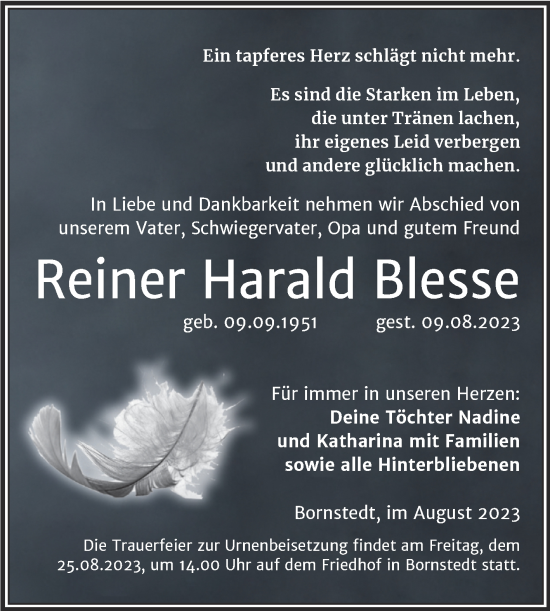 Traueranzeige von Reiner Harald Blesse von Trauerkombi Mansfelder Land