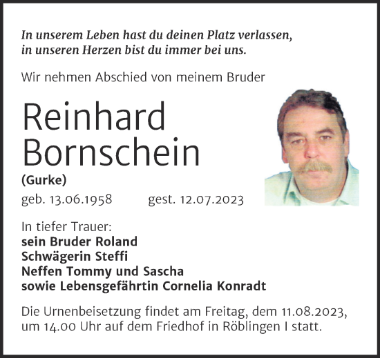 Traueranzeige von Reinhard Bornschein von Trauerkombi Mansfelder Land