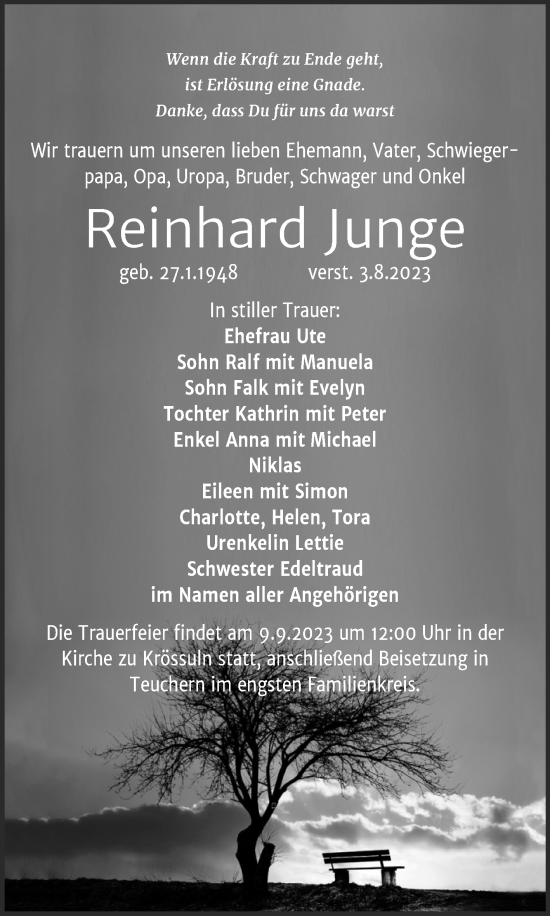 Traueranzeige von Reinhard Junge von Trauerkombi Weißenfels