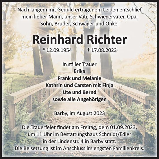 Traueranzeige von Reinhard Richter von Volksstimme Schönebeck
