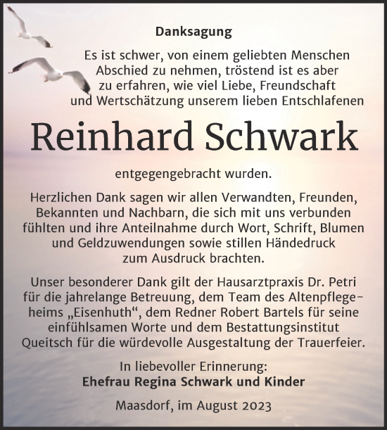 Traueranzeige von Reinhard Schwark von Trauerkombi Köthen