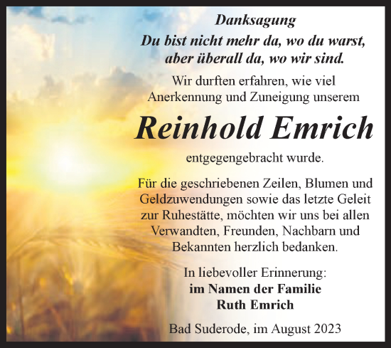 Traueranzeige von Reinhold Emrich von Trauerkombi Quedlinburg