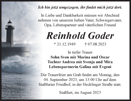 Traueranzeige von Reinhold Goder von Volksstimme Staßfurt