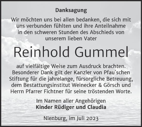 Traueranzeige von Reinhold Gummel von Trauerkombi Bernburg