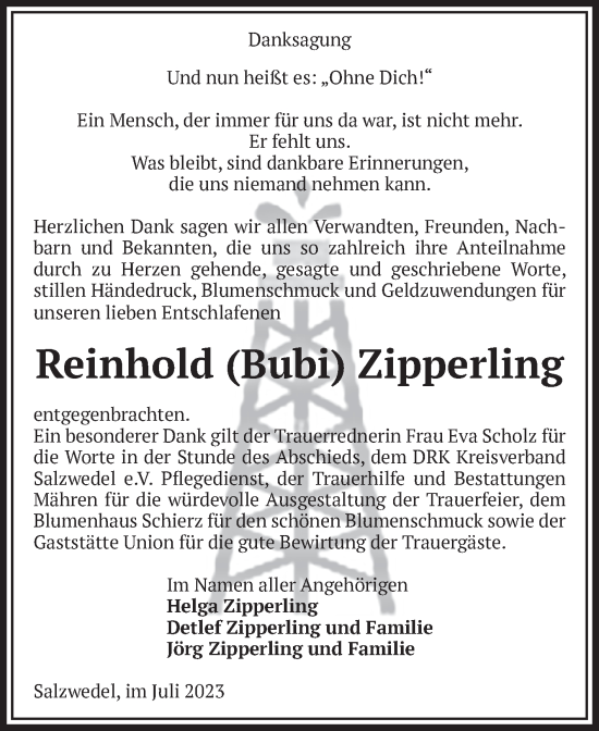 Traueranzeige von Reinhold Zipperling von Volksstimme Altmark West