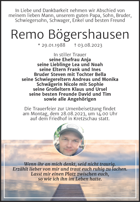 Traueranzeige von Remo Bögershausen von Trauerkombi Zeitz