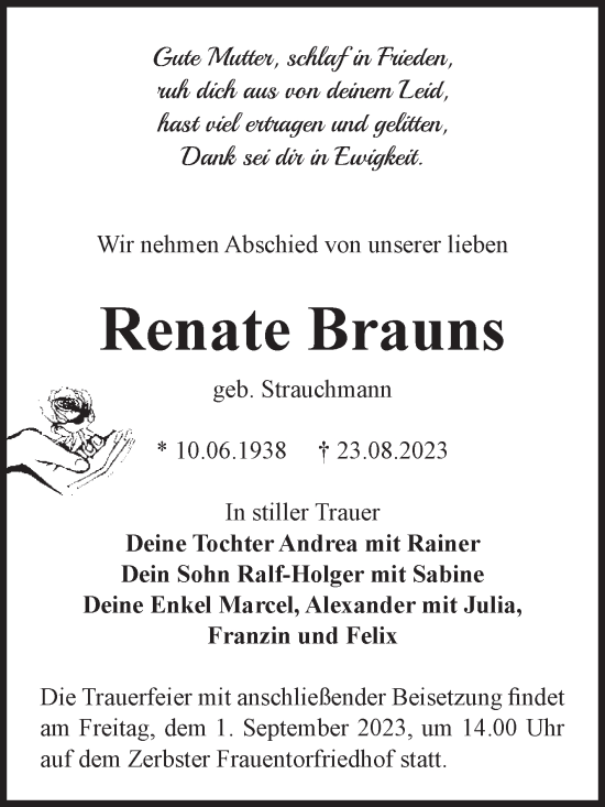Traueranzeige von Renate Brauns von Volksstimme Zerbst