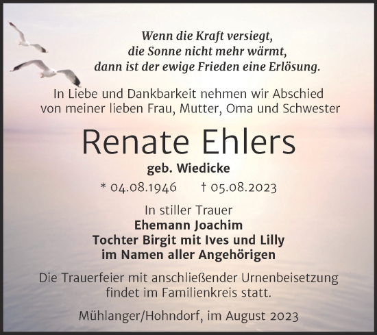 Traueranzeige von Renate Ehlers von Trauerkombi Wittenberg