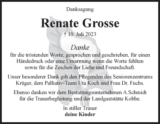 Traueranzeige von Renate Grosse von Volksstimme Oschersleben/Wanzleben