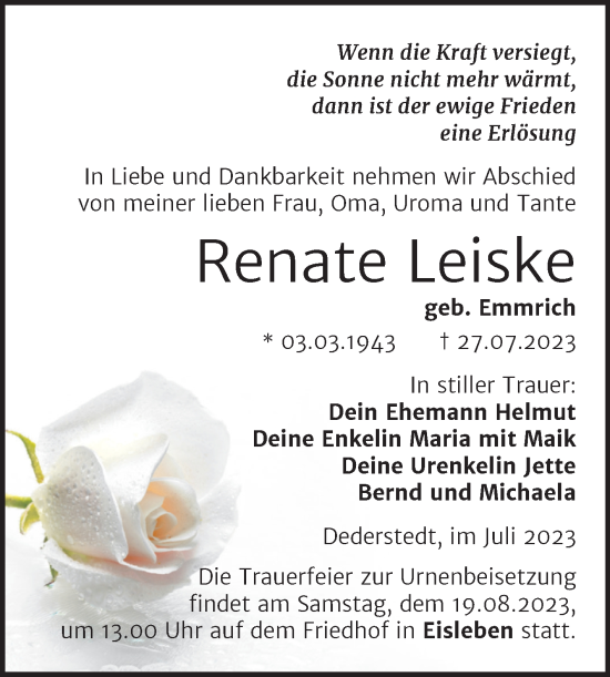 Traueranzeige von Renate Leiske von Trauerkombi Mansfelder Land