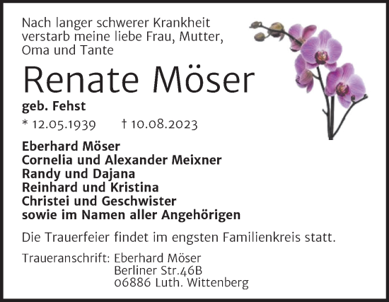 Traueranzeige von Renate Möser von Trauerkombi Wittenberg