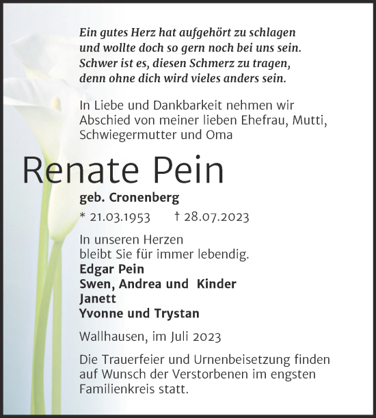 Traueranzeige von Renate Pein von Trauerkombi Sangerhausen