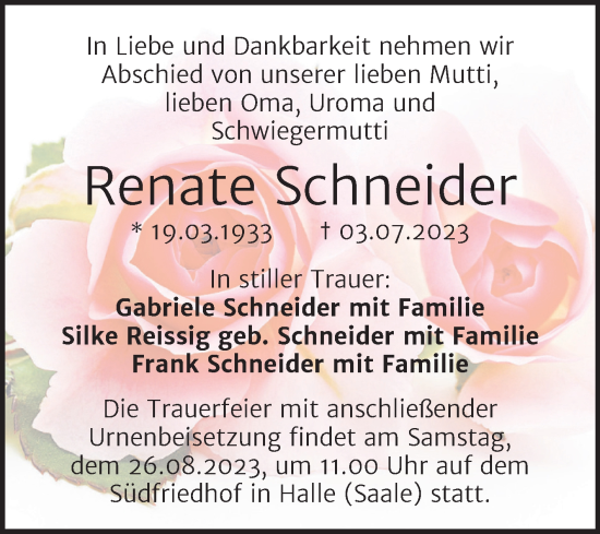 Traueranzeige von Renate Schneider von Mitteldeutsche Zeitung Halle/Saalkreis