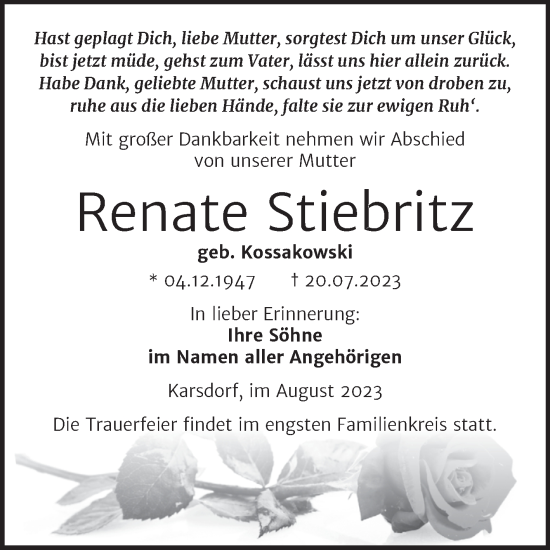 Traueranzeige von Renate Stiebritz von Wochenspiegel Naumburg/Nebra