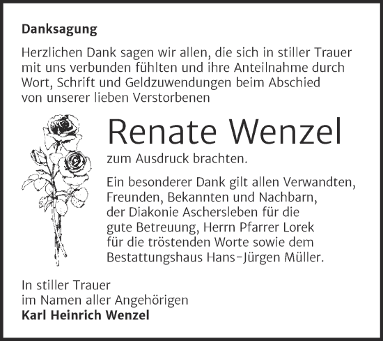 Traueranzeige von Renate Wenzel von Trauerkombi Aschersleben