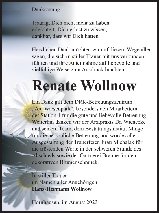 Traueranzeige von Renate Wollnow von Volksstimme Oschersleben/Wanzleben