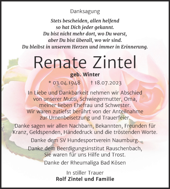 Traueranzeige von Renate Zintel von Wochenspiegel Naumburg/Nebra