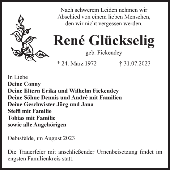 Traueranzeige von Rene Glückselig von Volksstimme Altmark West