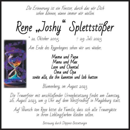 Traueranzeige von Rene Splettstößer von Volksstimme Oschersleben/Wanzleben