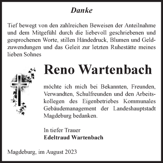Traueranzeige von Reno Wartenbach von Volksstimme Magdeburg