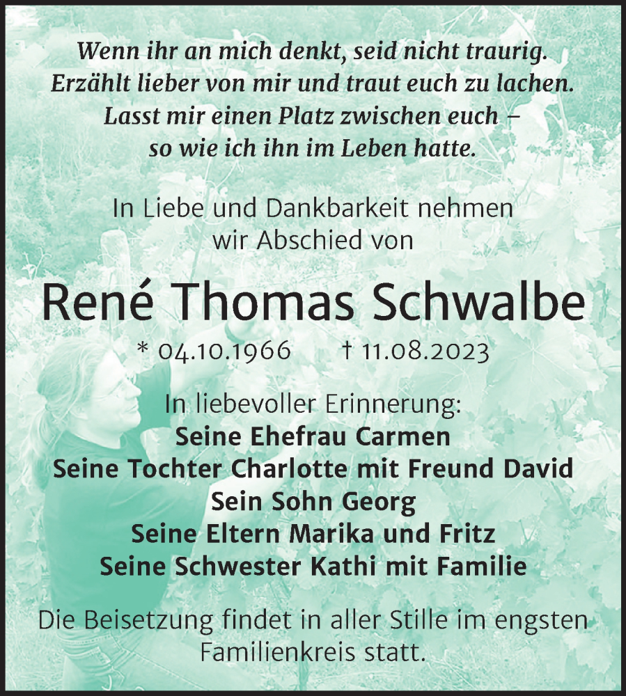  Traueranzeige für René Thomas Schwalbe vom 19.08.2023 aus Trauerkombi Mansfelder Land