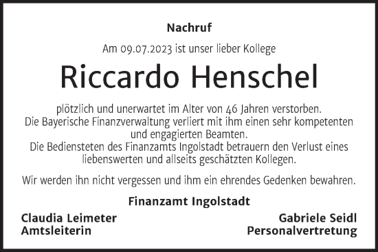 Traueranzeige von Riccardo Henschel von Super Sonntag Dessau-Roßlau