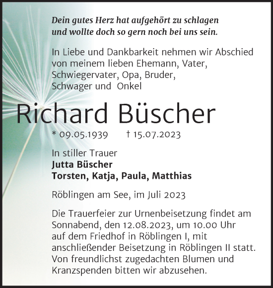 Traueranzeige von Richard Büscher von Trauerkombi Mansfelder Land